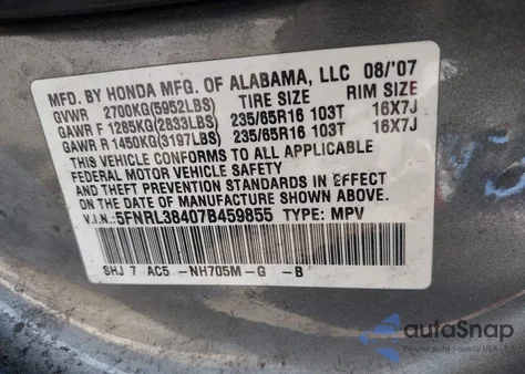 2007 Honda Odyssey Ex from USA, damaged, VIN 5FNRL38407B459855